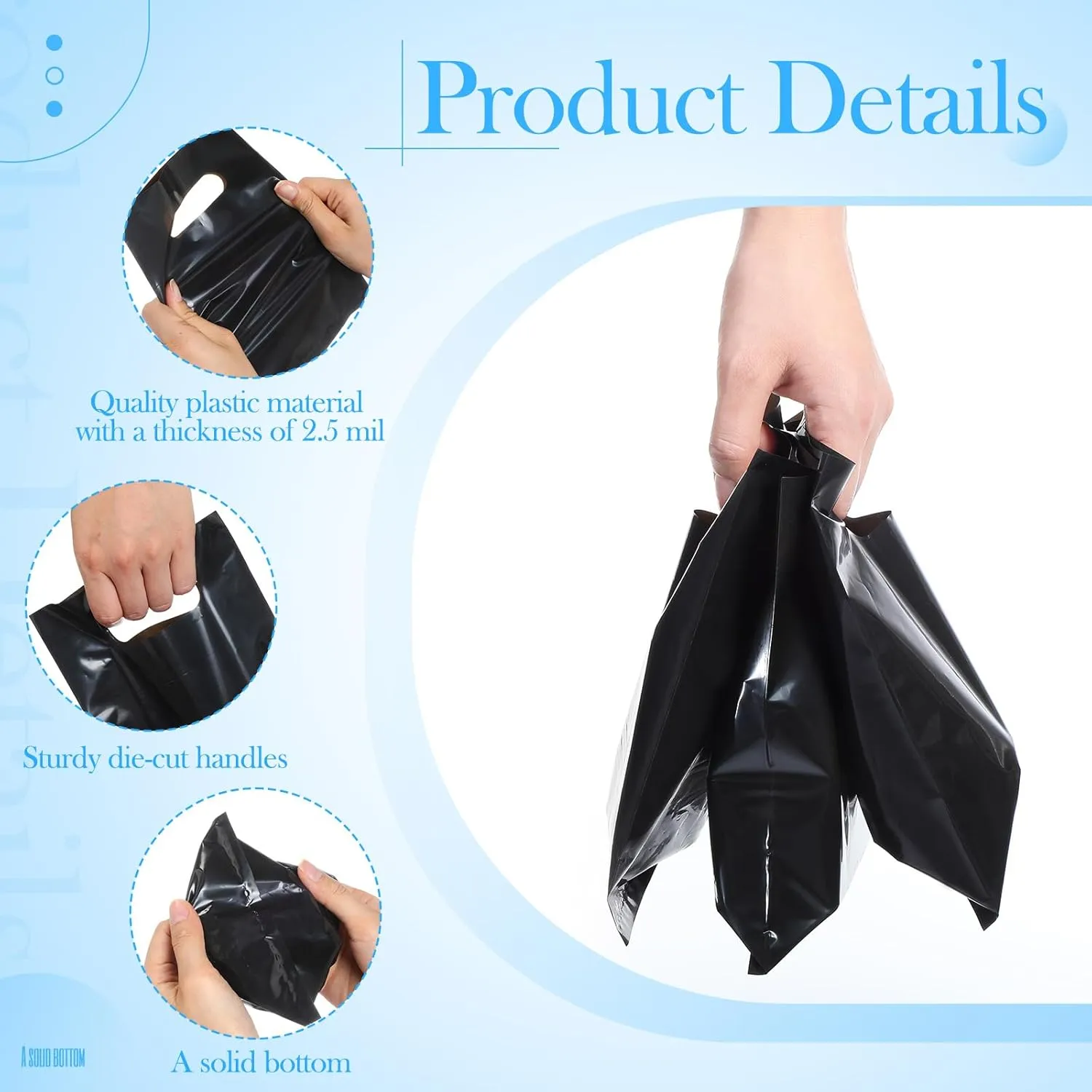Janlaugh 200 Pcs 2.5 Mils Black Small Plastic Bag for Business with Die Cut Handle 6 x 8 in Reusable Thick Merchandise Shopping Bag for Retail Glossy Boutique Treat Goodie Gift Wrapping Party