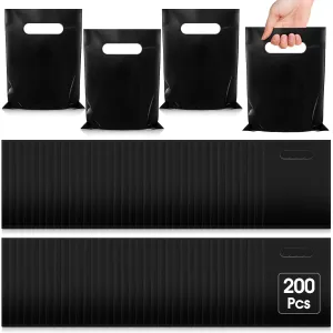 Janlaugh 200 Pcs 2.5 Mils Black Small Plastic Bag for Business with Die Cut Handle 6 x 8 in Reusable Thick Merchandise Shopping Bag for Retail Glossy Boutique Treat Goodie Gift Wrapping Party