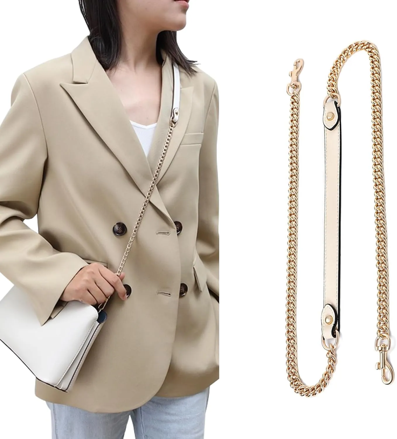 jiesinlov Purse Leather and Chain Bag Shoulder Strap Replacement Crossbody for Handbags,43 Inches in Length(Gold-off white)