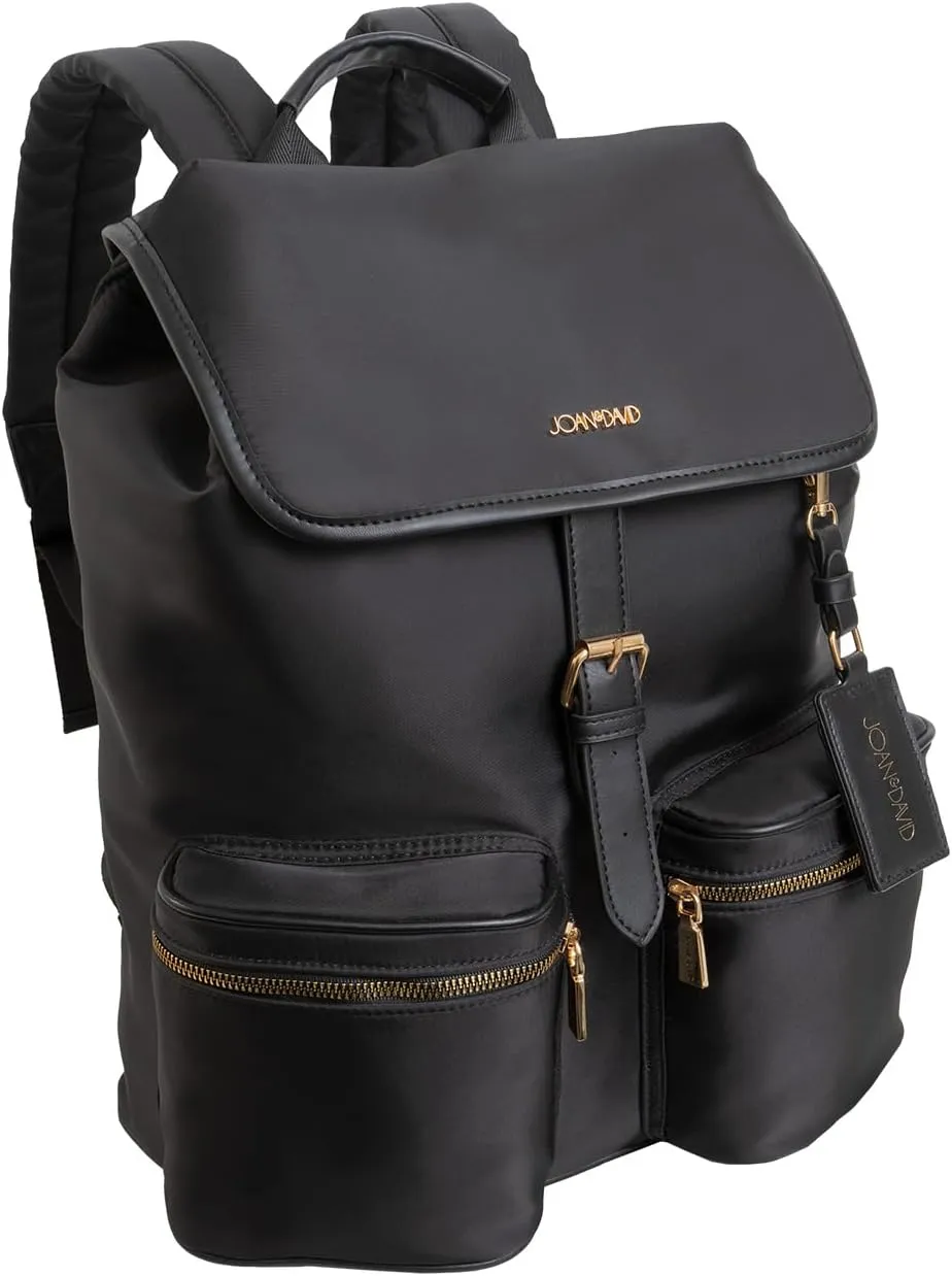 Joan & David 17" Backpack with Laptop Sleeve, Luggage Strap, 2 Front Zipper Compartments, Anti-theft Snap Buckle Closure, Adjustable Straps with TSA Approved Bottles (Black)