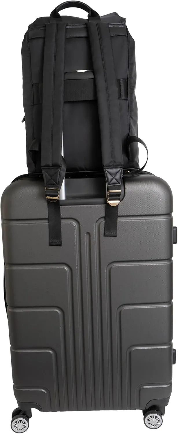 Joan & David 17" Backpack with Laptop Sleeve, Luggage Strap, 2 Front Zipper Compartments, Anti-theft Snap Buckle Closure, Adjustable Straps with TSA Approved Bottles (Black)