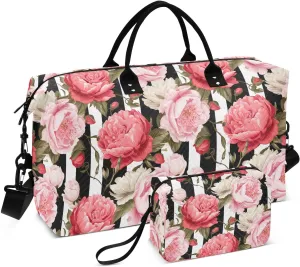 Joko Ivery Black White Striped Peony Rose Travel Duffel Bags for Women and Men 34L Weekender Overnight Bag with Toiletry Bag Travel Tote Bag with Comfort Handle for Business Trips Travel Storage