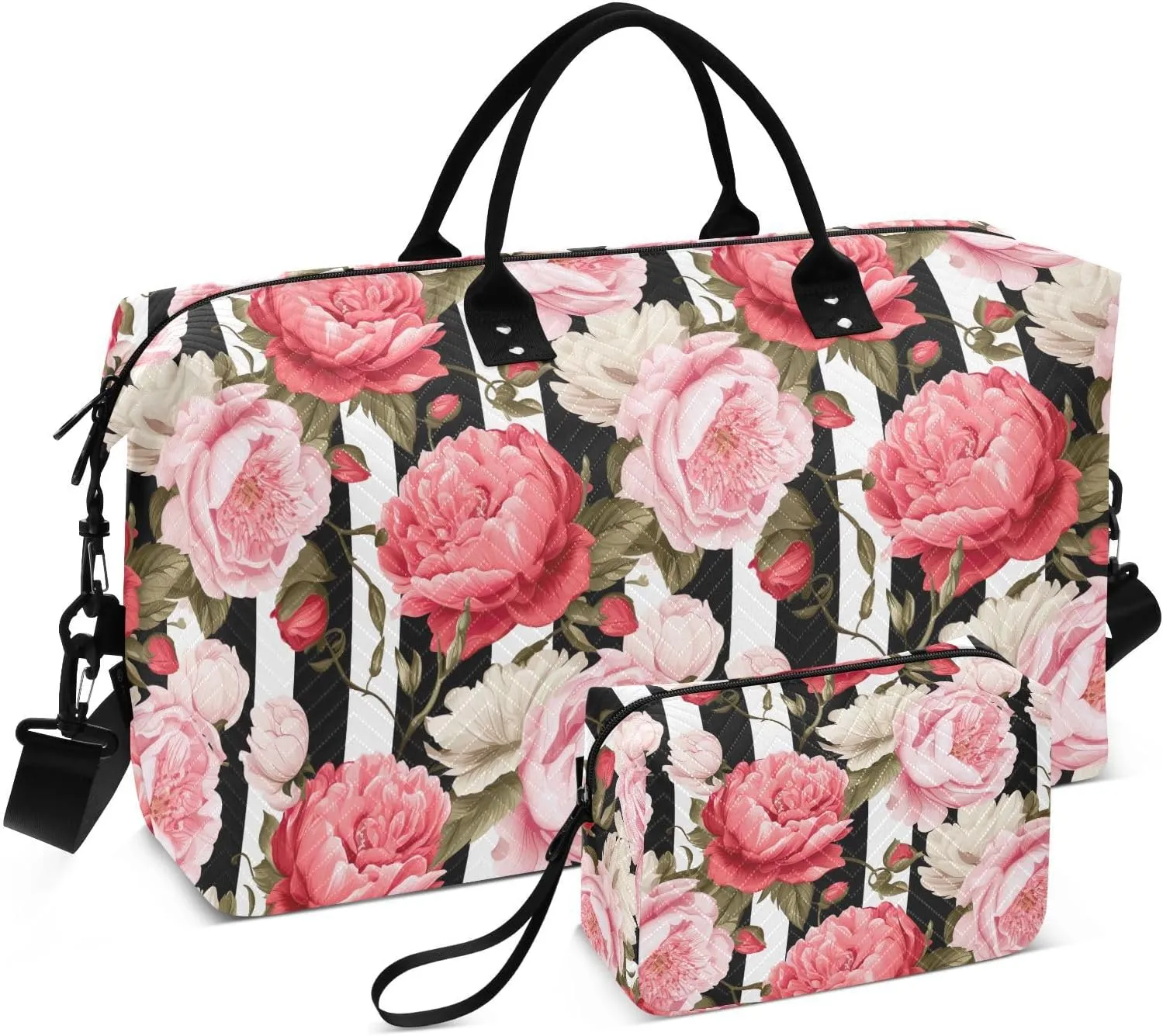 Joko Ivery Black White Striped Peony Rose Travel Duffel Bags for Women and Men 34L Weekender Overnight Bag with Toiletry Bag Travel Tote Bag with Comfort Handle for Business Trips Travel Storage