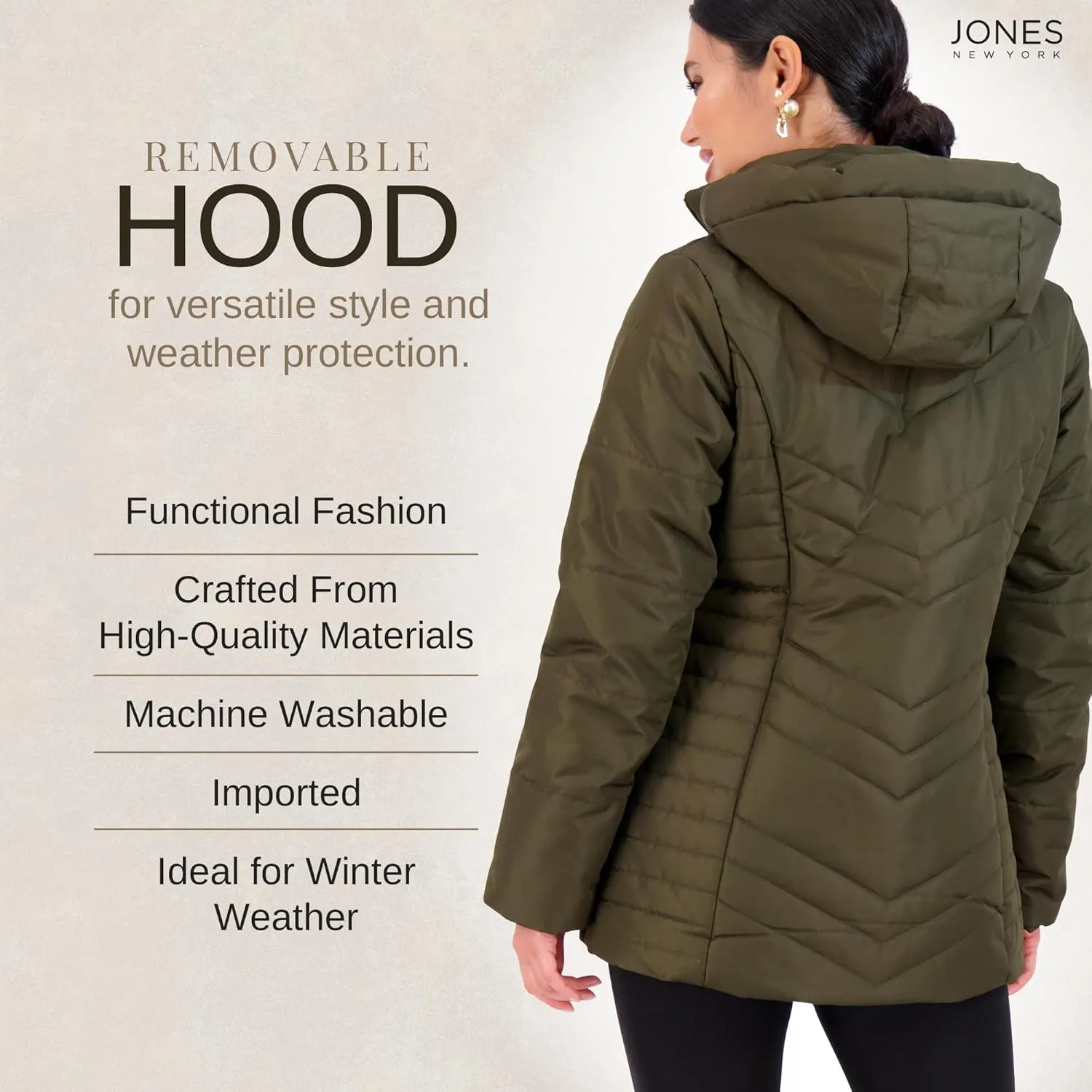 Jones NY Women's Puffer Jacket Zippered Removable Bungee Hood Womens Winter Coat