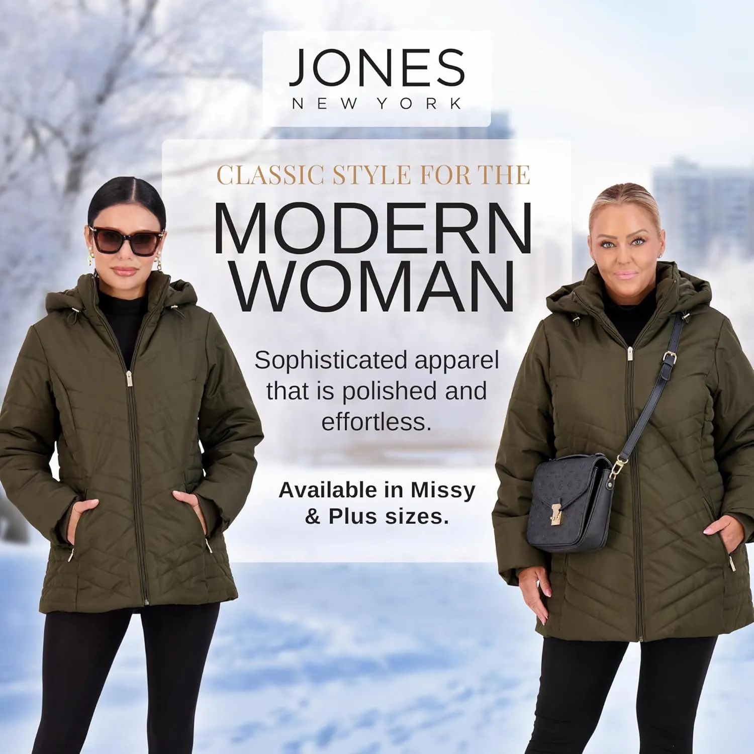 Jones NY Women's Puffer Jacket Zippered Removable Bungee Hood Womens Winter Coat