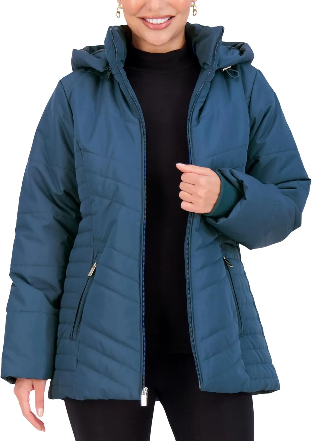 Jones NY Women's Puffer Jacket Zippered Removable Bungee Hood Womens Winter Coat