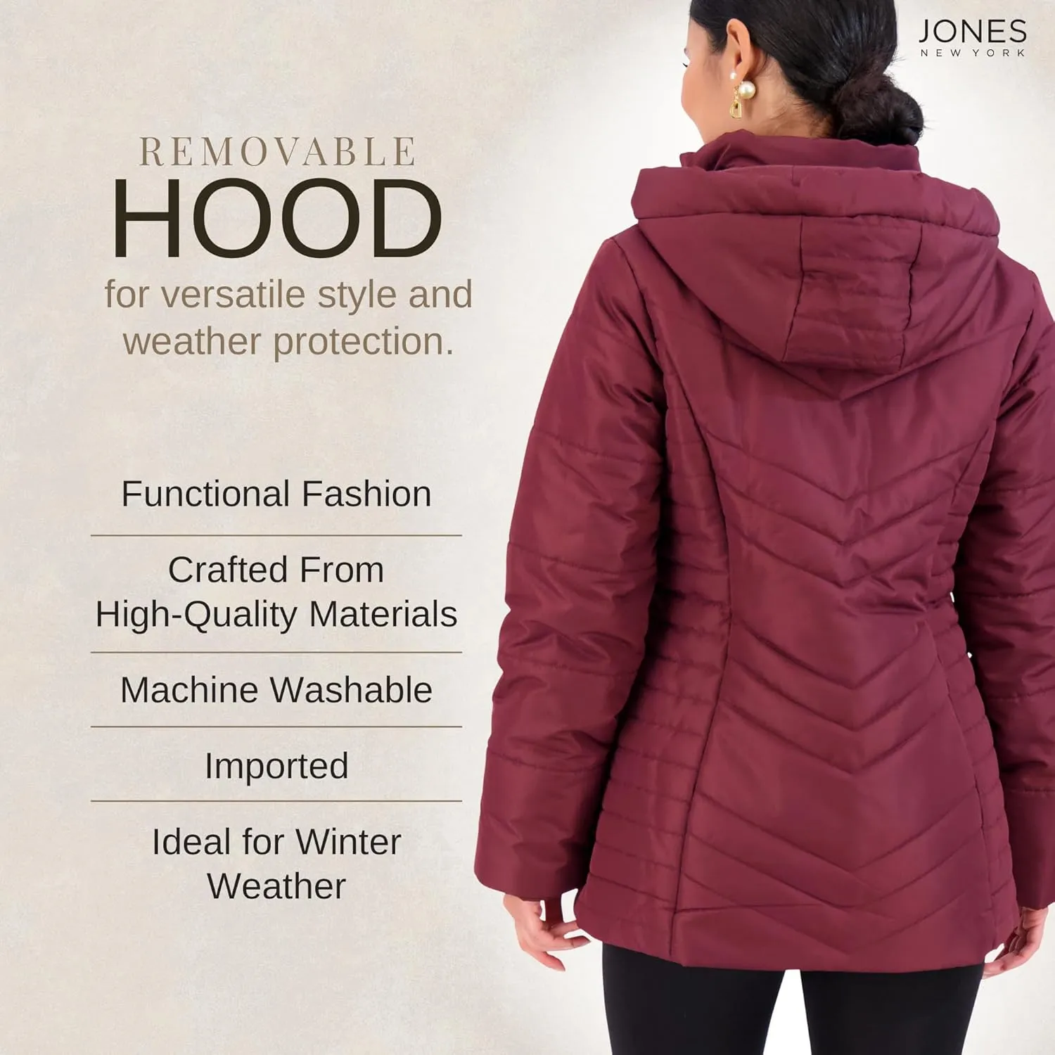 Jones NY Women's Puffer Jacket Zippered Removable Bungee Hood Womens Winter Coat