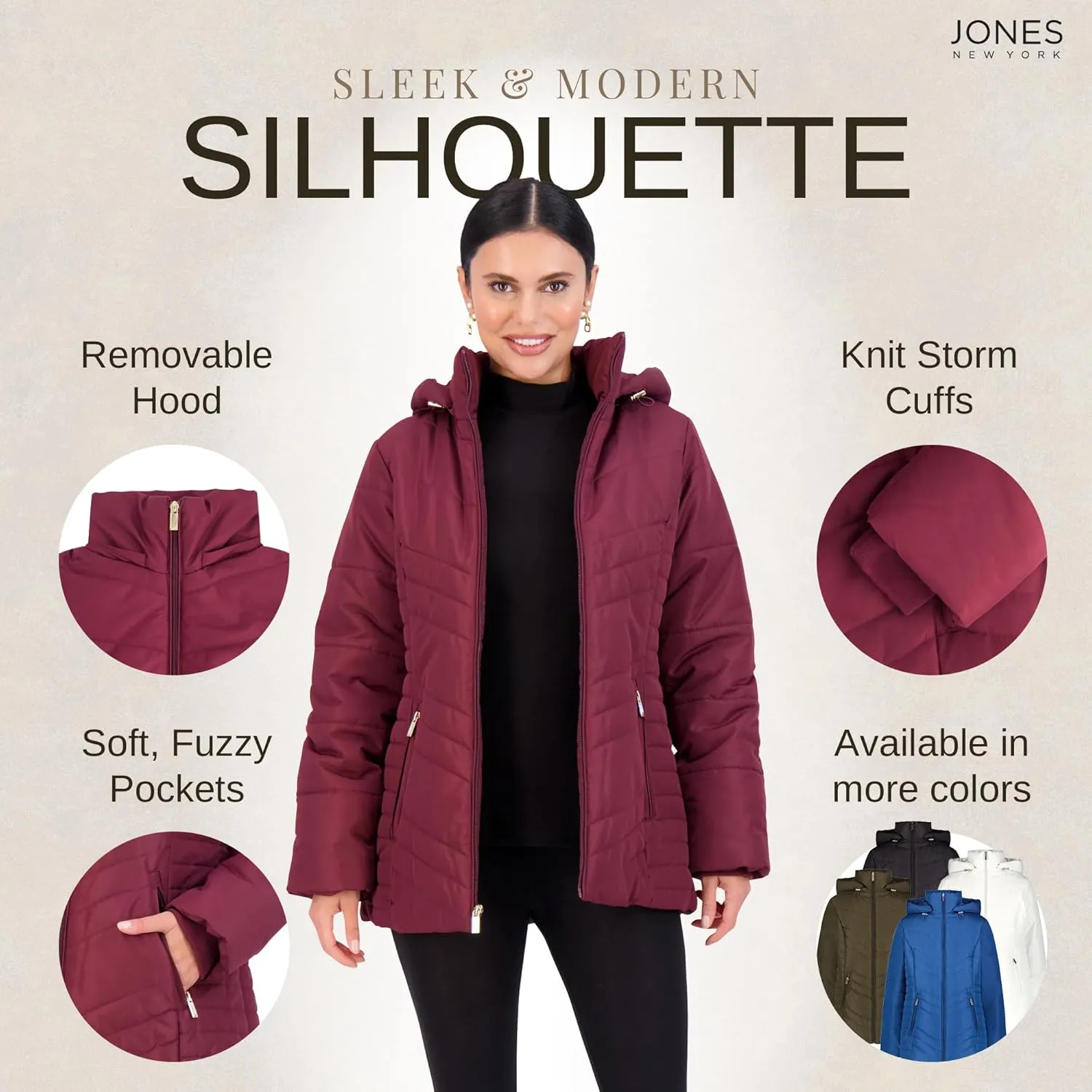 Jones NY Women's Puffer Jacket Zippered Removable Bungee Hood Womens Winter Coat