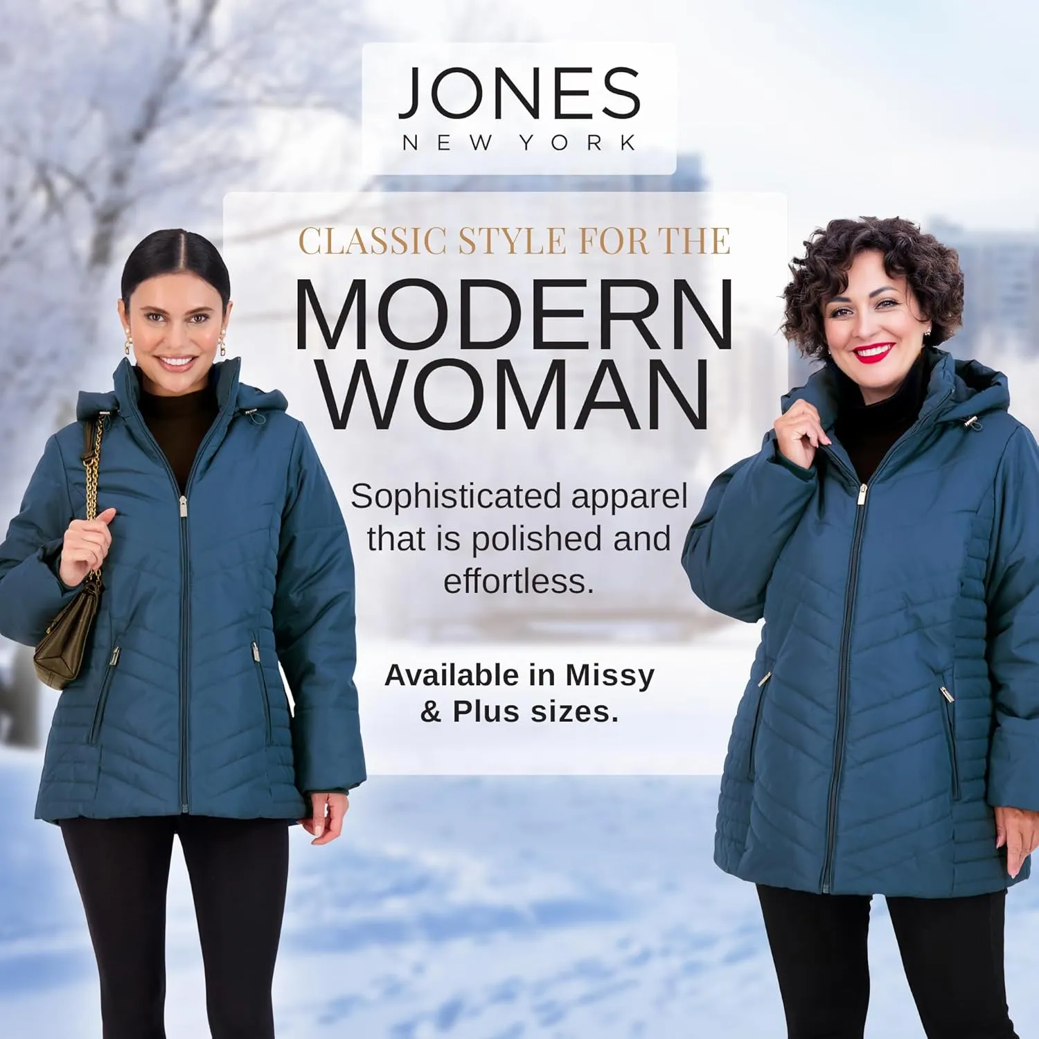Jones NY Women's Puffer Jacket Zippered Removable Bungee Hood Womens Winter Coat