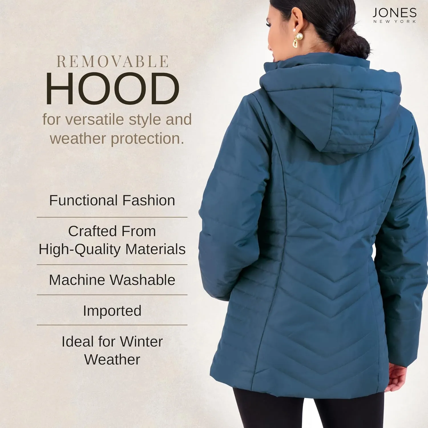 Jones NY Women's Puffer Jacket Zippered Removable Bungee Hood Womens Winter Coat