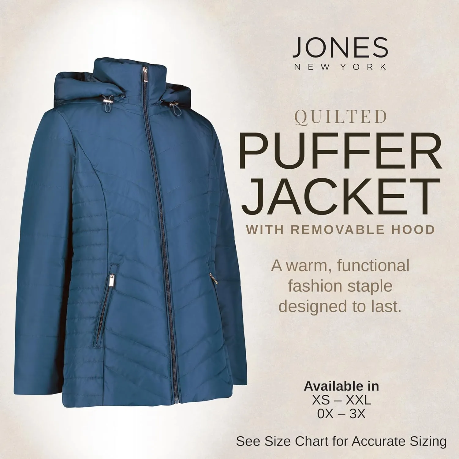 Jones NY Women's Puffer Jacket Zippered Removable Bungee Hood Womens Winter Coat