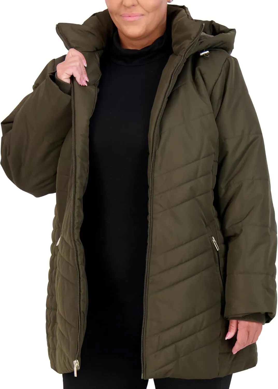 Jones NY Women's Puffer Jacket Zippered Removable Bungee Hood Womens Winter Coat