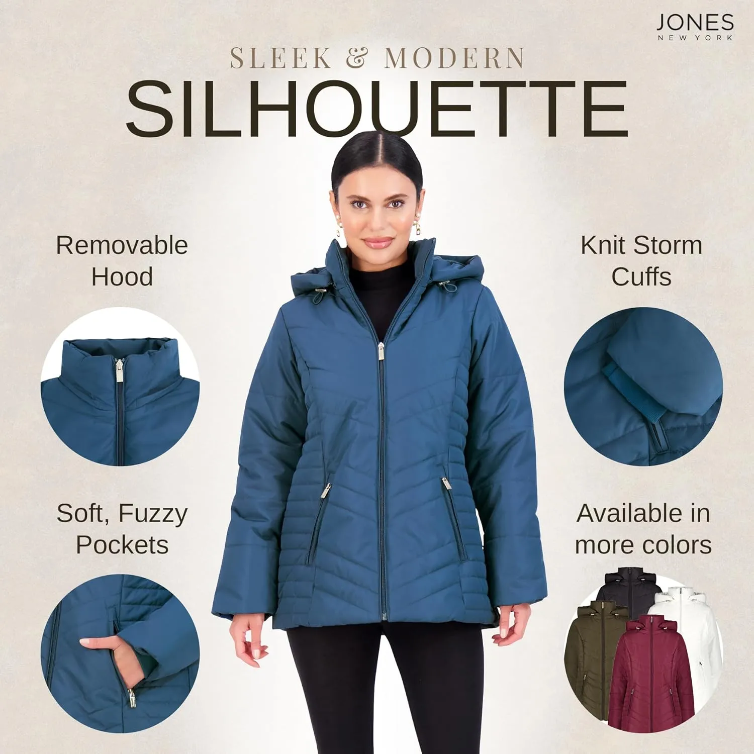 Jones NY Women's Puffer Jacket Zippered Removable Bungee Hood Womens Winter Coat