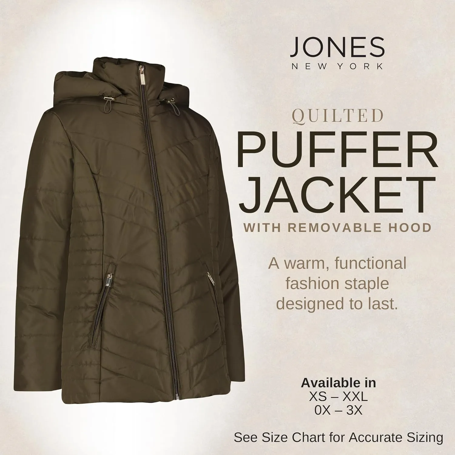 Jones NY Women's Puffer Jacket Zippered Removable Bungee Hood Womens Winter Coat