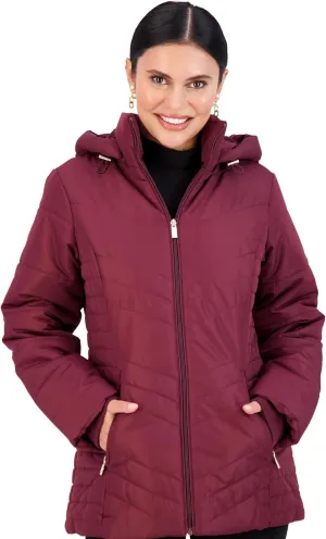 Jones NY Women's Puffer Jacket Zippered Removable Bungee Hood Womens Winter Coat