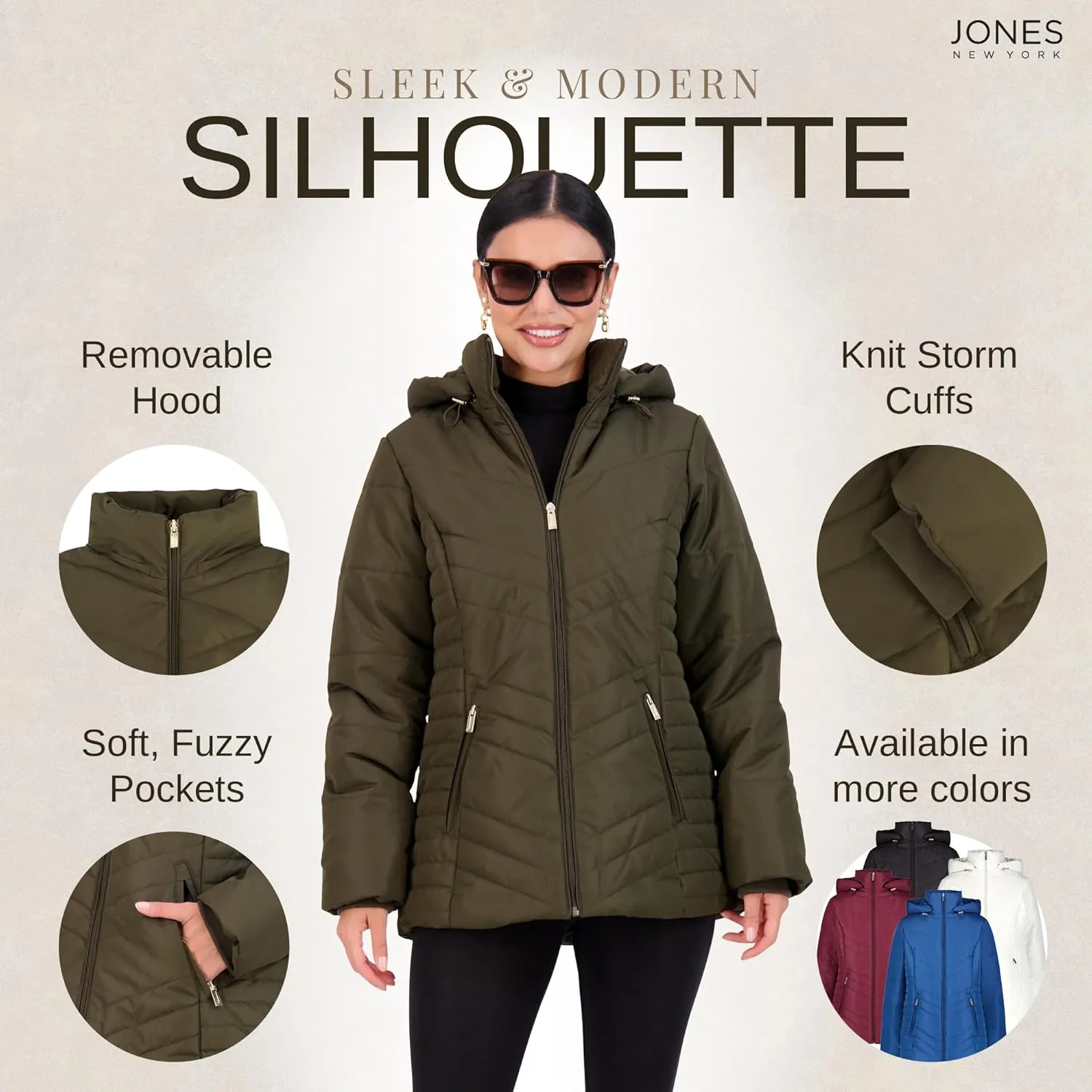 Jones NY Women's Puffer Jacket Zippered Removable Bungee Hood Womens Winter Coat
