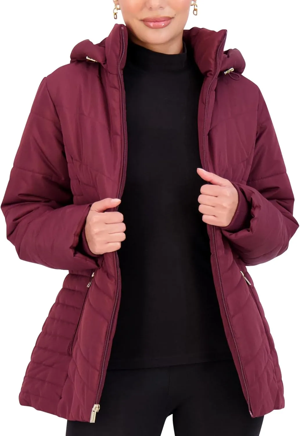 Jones NY Women's Puffer Jacket Zippered Removable Bungee Hood Womens Winter Coat