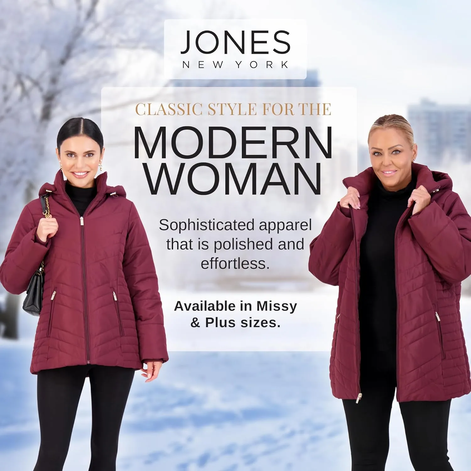 Jones NY Women's Puffer Jacket Zippered Removable Bungee Hood Womens Winter Coat