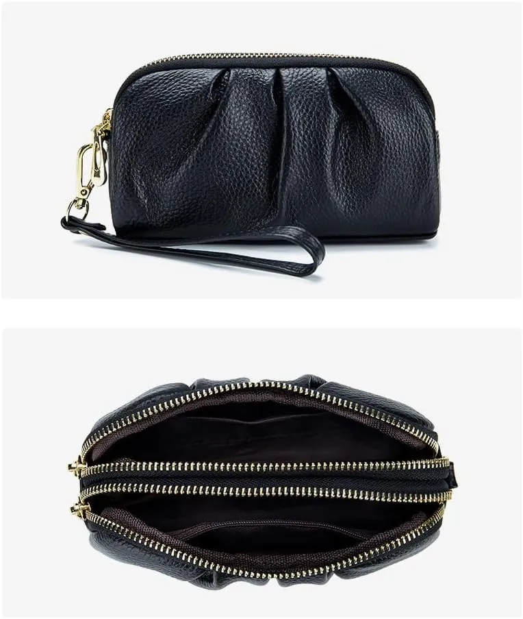 JONON Wristlet Wallets for Women Genuine Leather Wristlet Purses Ladies Ruched Wristlet Clutch Wallet Purses