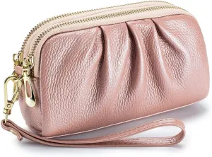 JONON Wristlet Wallets for Women Genuine Leather Wristlet Purses Ladies Ruched Wristlet Clutch Wallet Purses
