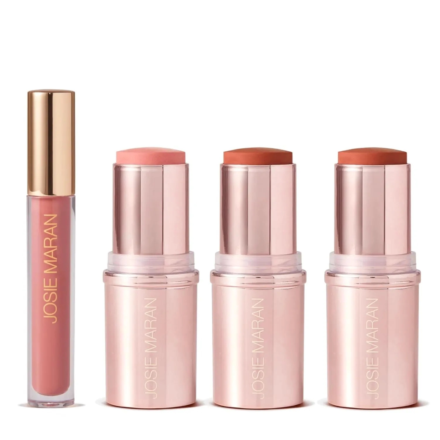 Josie Maran Color Stick & Lip Gloss Makeup Set - Argan Oil-Based Makeup Balm for Lips, Cheeks & Eyes   Hyaluronic Acid Infused Plumping Lip Gloss (4 Piece Set)