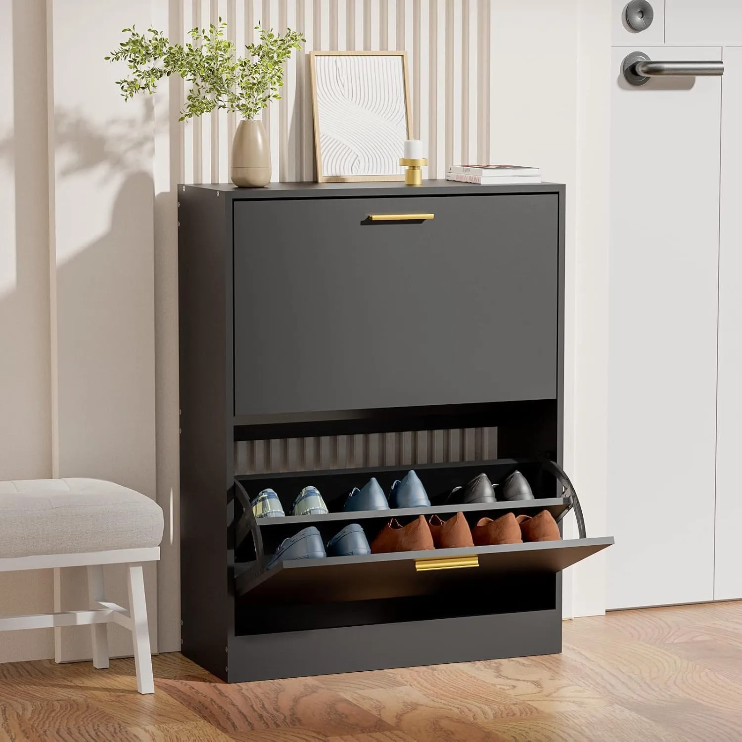 JOZZBY Shoe Cabinet Storage for Entryway, Slim Black Hidden Shoe Organizer Cabinet with 2 Flip Drawers, Wooden Narrow Shoe Rack with 2 Tier Freestanding for Hallway, Living Room