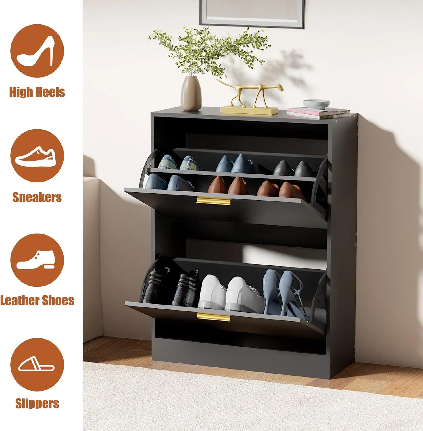 JOZZBY Shoe Cabinet Storage for Entryway, Slim Black Hidden Shoe Organizer Cabinet with 2 Flip Drawers, Wooden Narrow Shoe Rack with 2 Tier Freestanding for Hallway, Living Room
