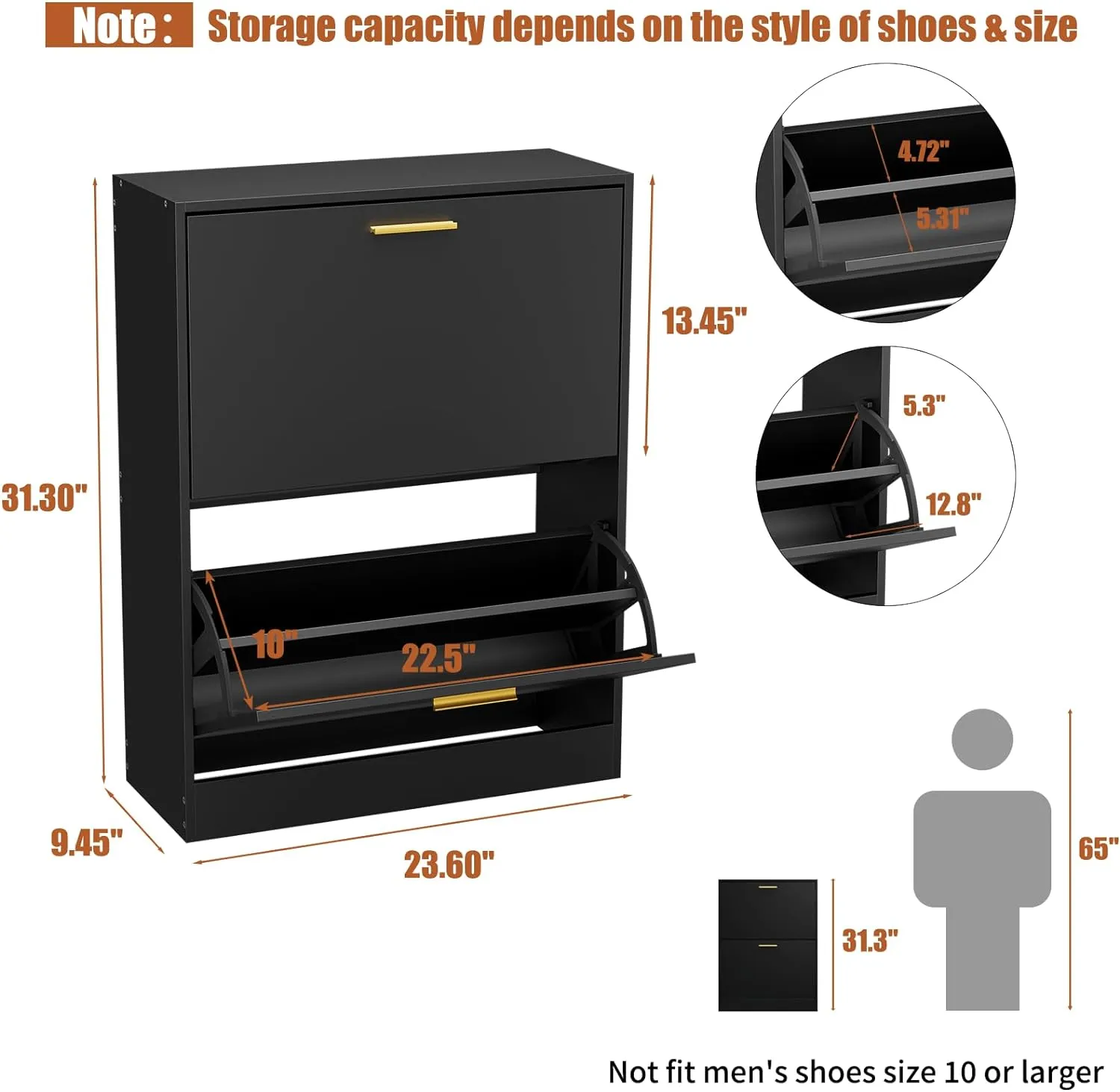 JOZZBY Shoe Cabinet Storage for Entryway, Slim Black Hidden Shoe Organizer Cabinet with 2 Flip Drawers, Wooden Narrow Shoe Rack with 2 Tier Freestanding for Hallway, Living Room
