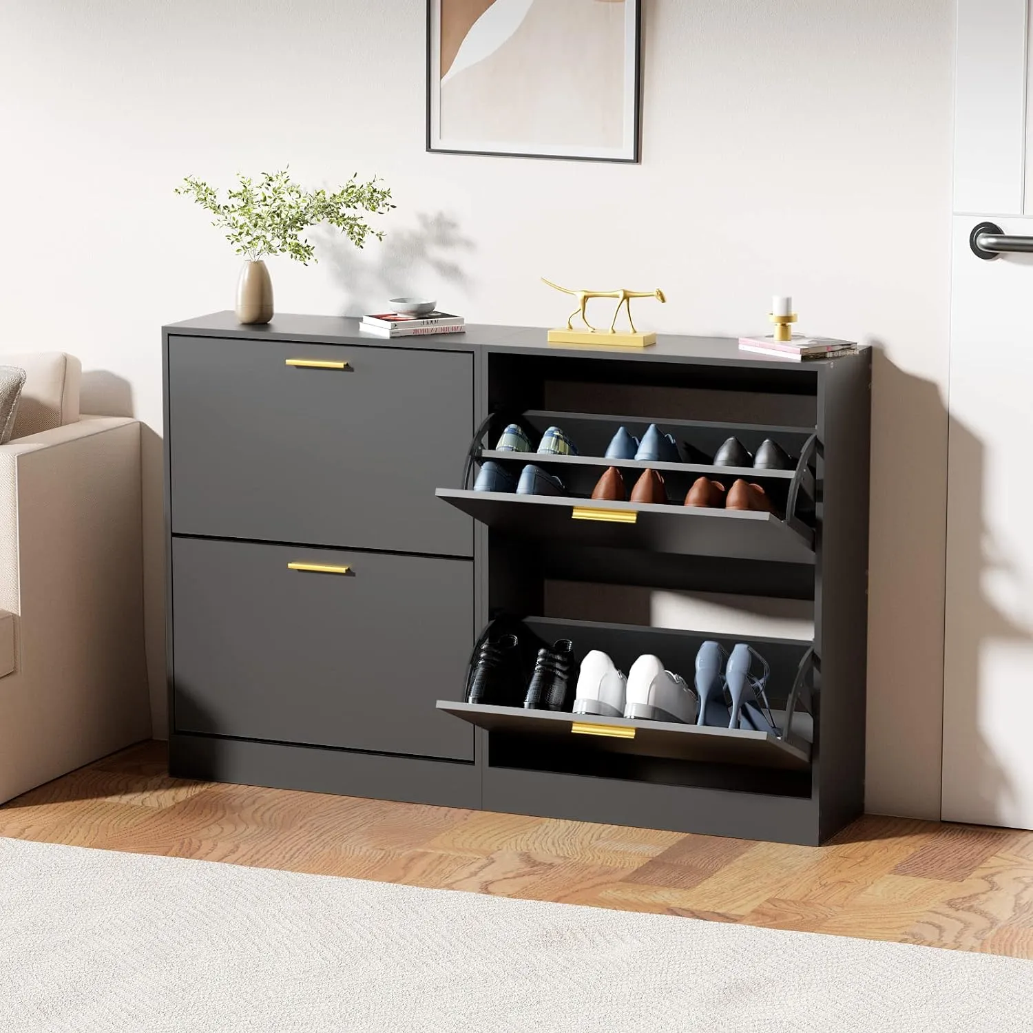 JOZZBY Shoe Cabinet Storage for Entryway, Slim Black Hidden Shoe Organizer Cabinet with 2 Flip Drawers, Wooden Narrow Shoe Rack with 2 Tier Freestanding for Hallway, Living Room
