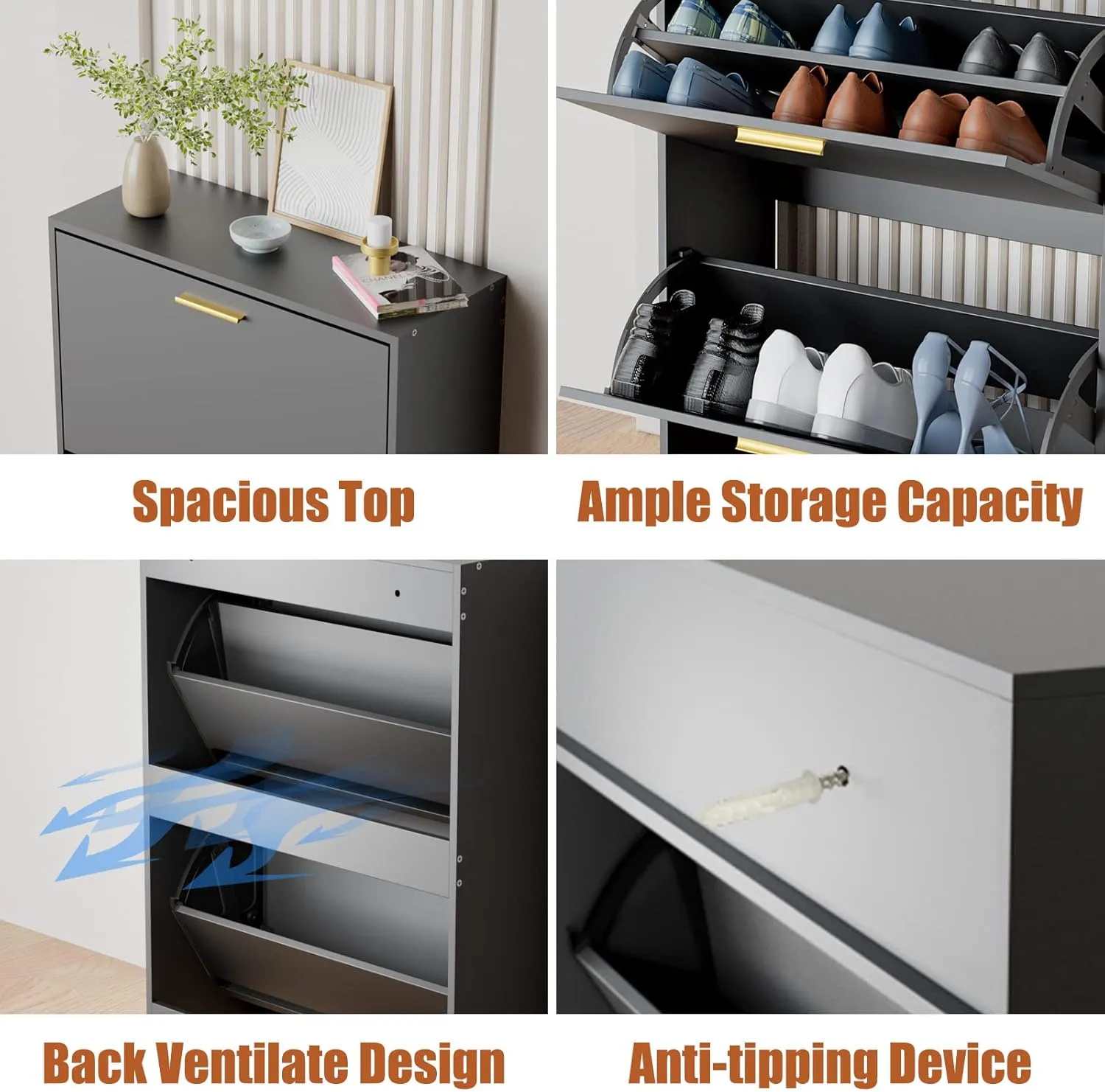 JOZZBY Shoe Cabinet Storage for Entryway, Slim Black Hidden Shoe Organizer Cabinet with 2 Flip Drawers, Wooden Narrow Shoe Rack with 2 Tier Freestanding for Hallway, Living Room