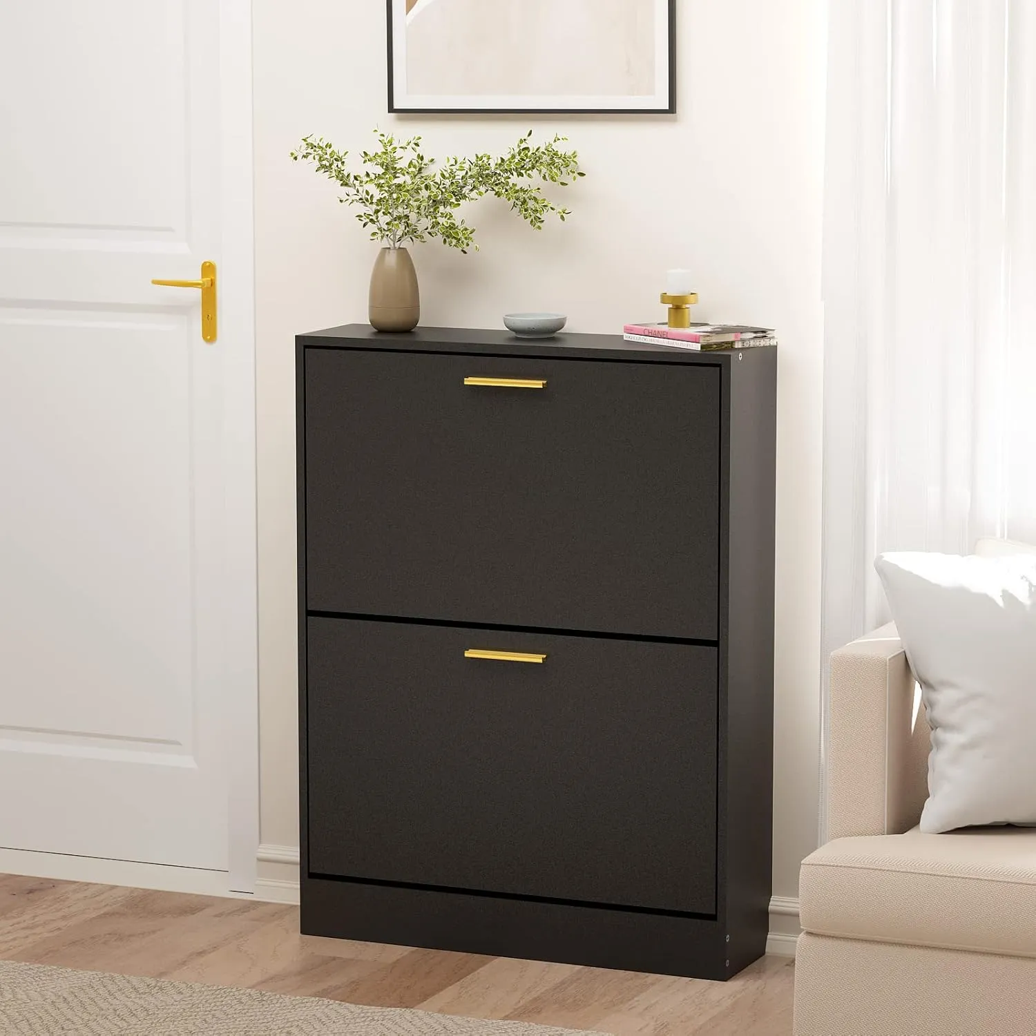 JOZZBY Shoe Cabinet Storage for Entryway, Slim Black Hidden Shoe Organizer Cabinet with 2 Flip Drawers, Wooden Narrow Shoe Rack with 2 Tier Freestanding for Hallway, Living Room