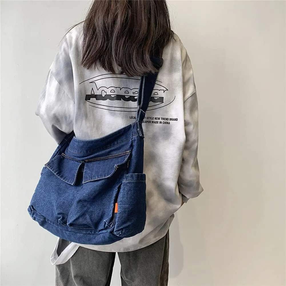 JQWSVE Canvas Messenger Bag Large Hobo Crossbody Bag with Multiple Pockets Canvas Shoulder Tote Bag for Women and Men