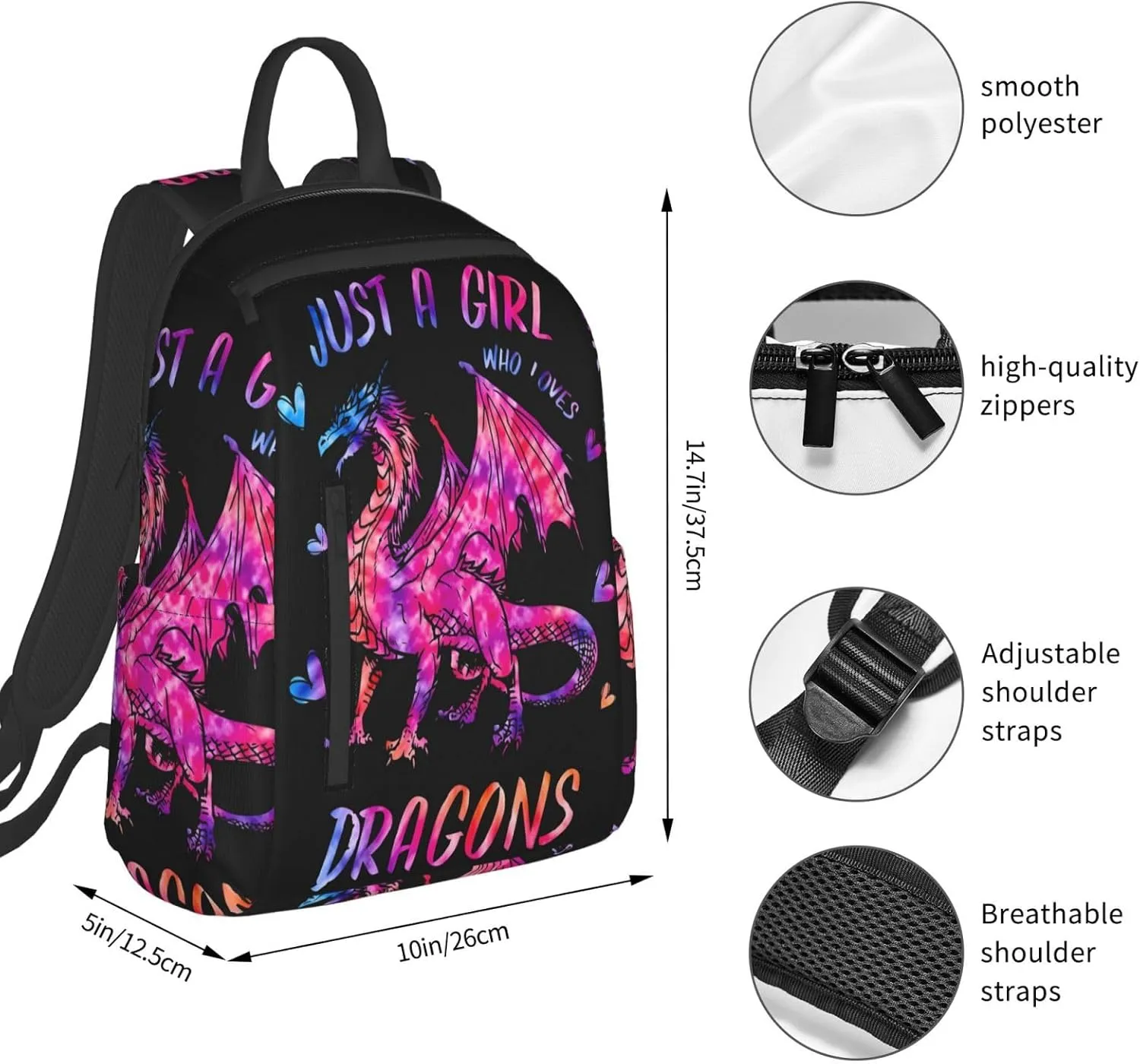 Just A Women Who Loves Dragons Travel Laptop Backpack Casual Backpacks Double Shoulder Daypack Notebook Rucksack Work Bags Sports Bag for Gym Hiking Camping Beach