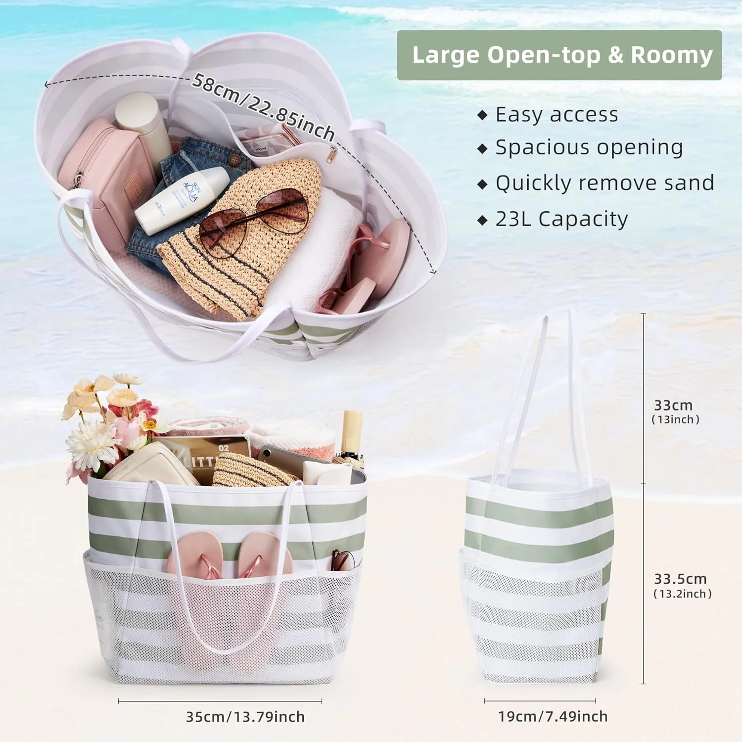 KALIDI Beach Tote Bag Women Large Waterproof Sandproof Shoulder Handbag Packable Grocery Bag Hobo Purse for Picnic Vacation