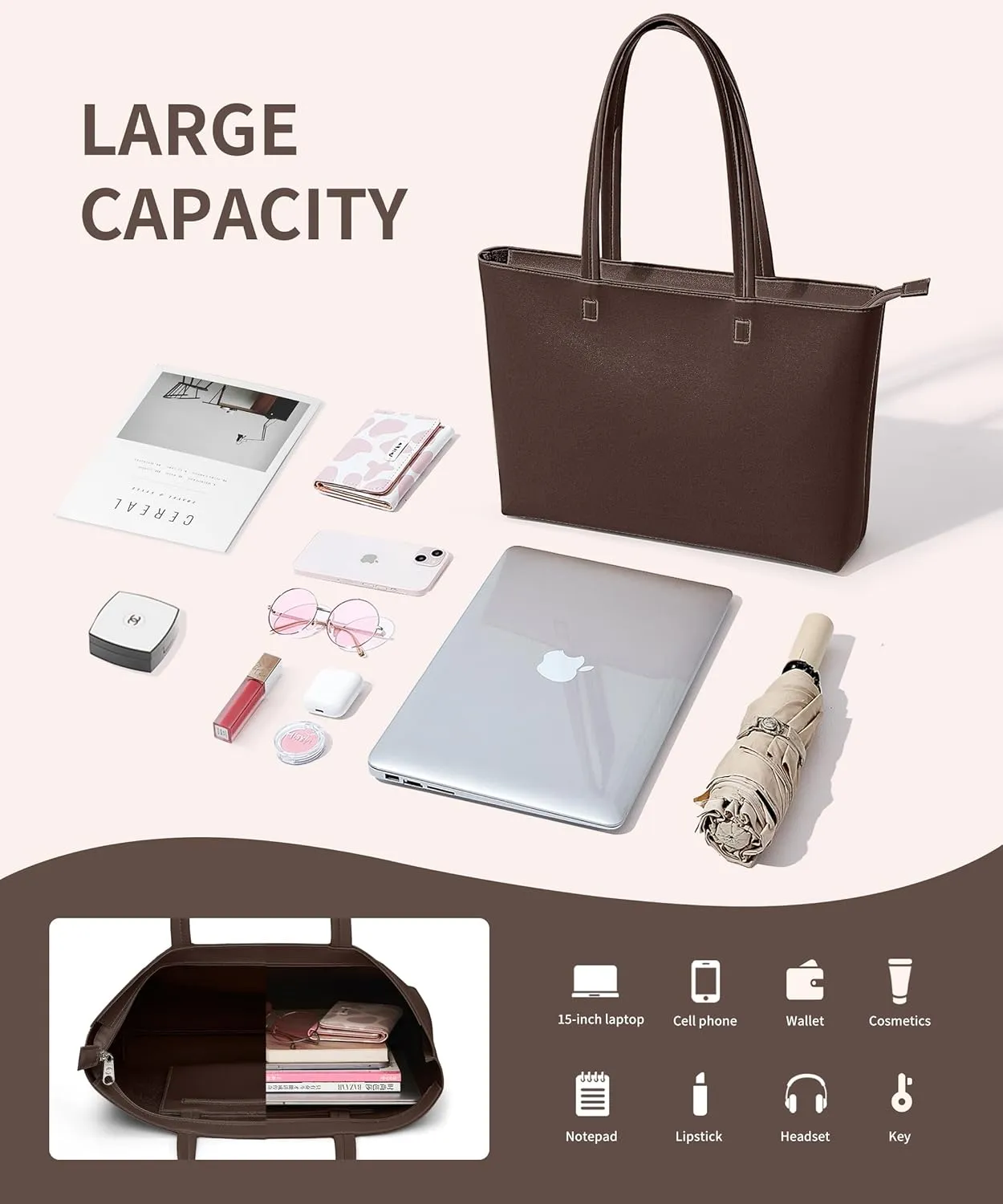 KALIDI Tote Bag Zipper Shoulder Bag Faux Leather Purses Satchel for Women Large Casual Handbag Work Dating College