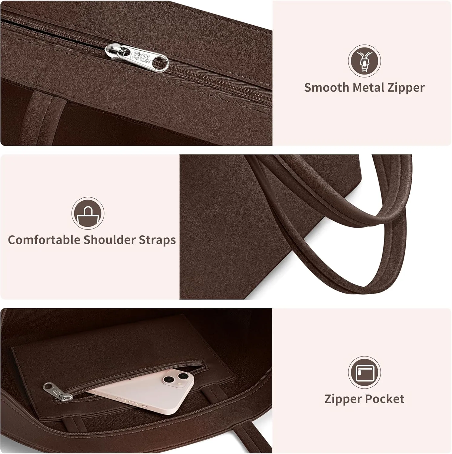 KALIDI Tote Bag Zipper Shoulder Bag Faux Leather Purses Satchel for Women Large Casual Handbag Work Dating College