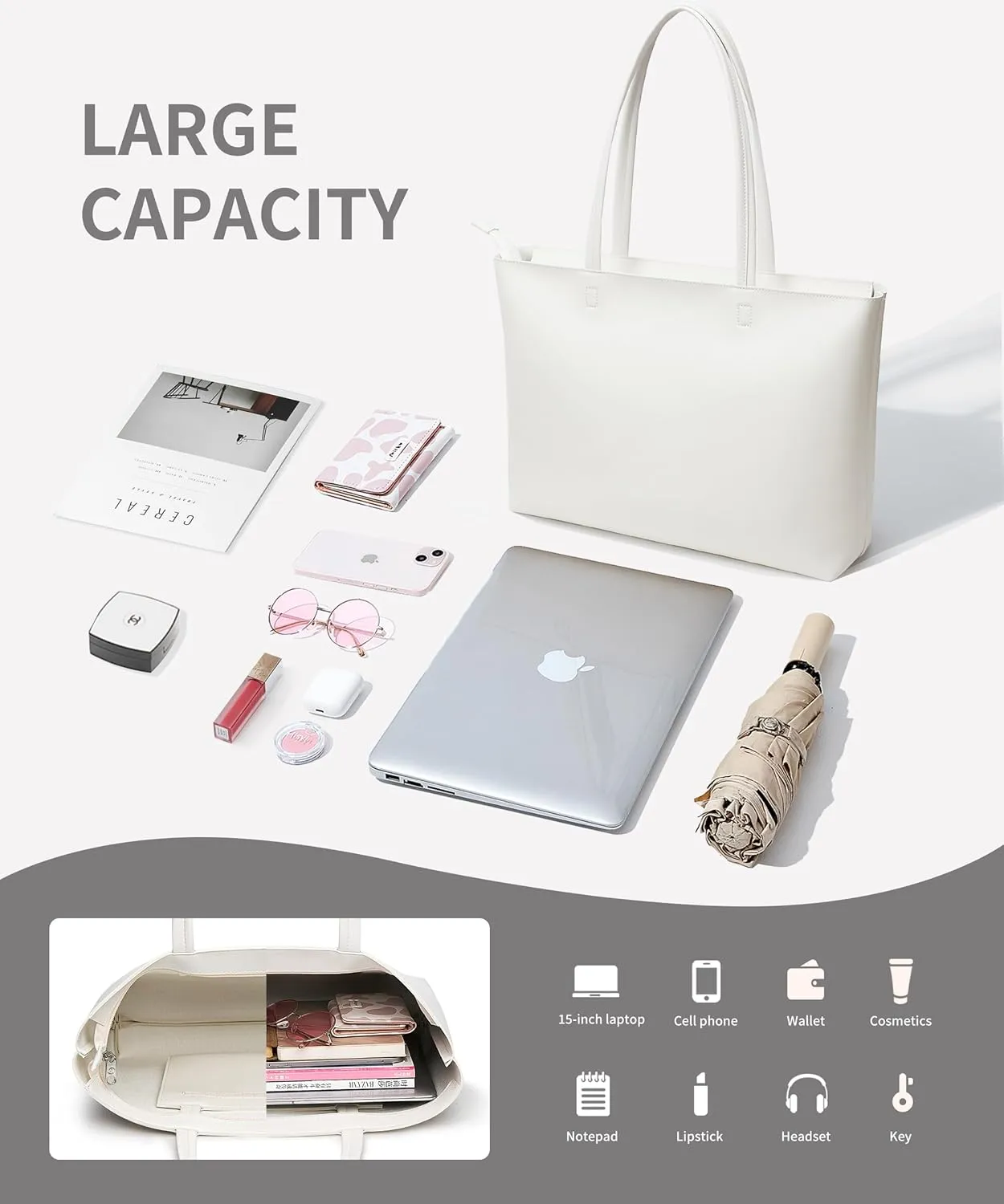 KALIDI Tote Bag Zipper Shoulder Bag Faux Leather Purses Satchel for Women Large Casual Handbag Work Dating College