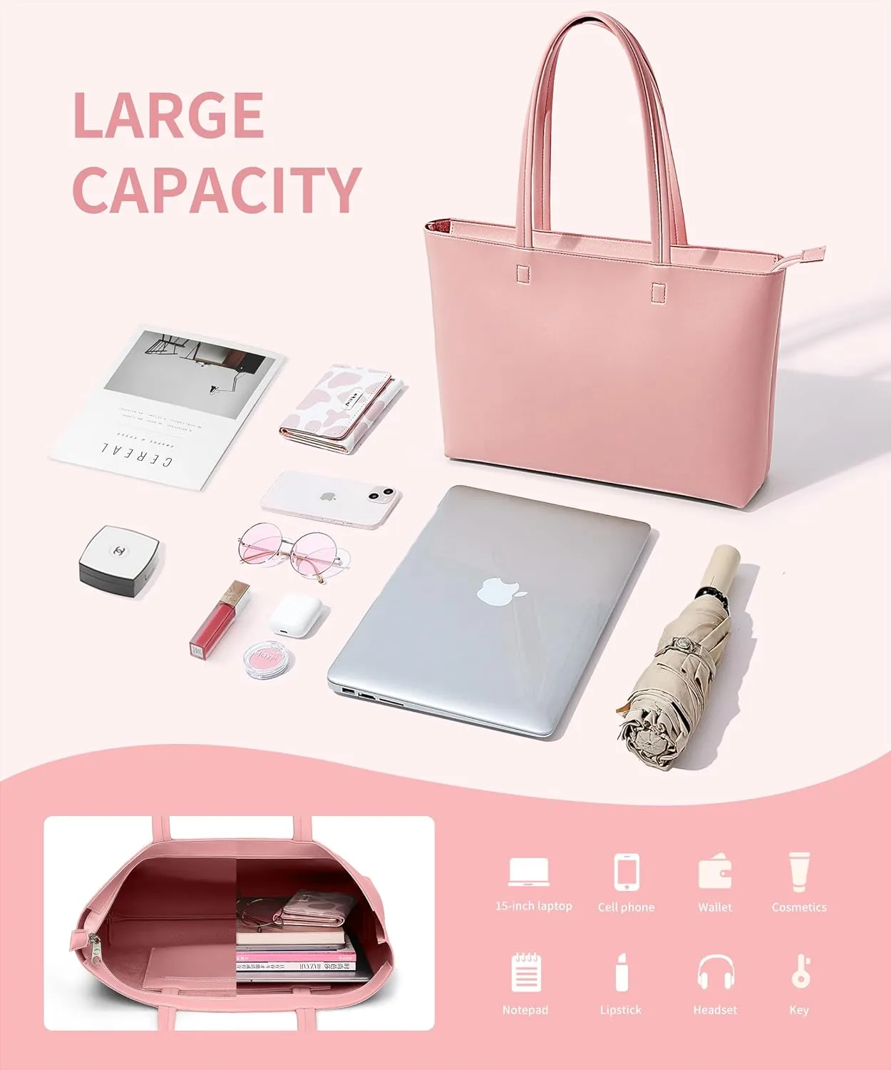 KALIDI Tote Bag Zipper Shoulder Bag Faux Leather Purses Satchel for Women Large Casual Handbag Work Dating College