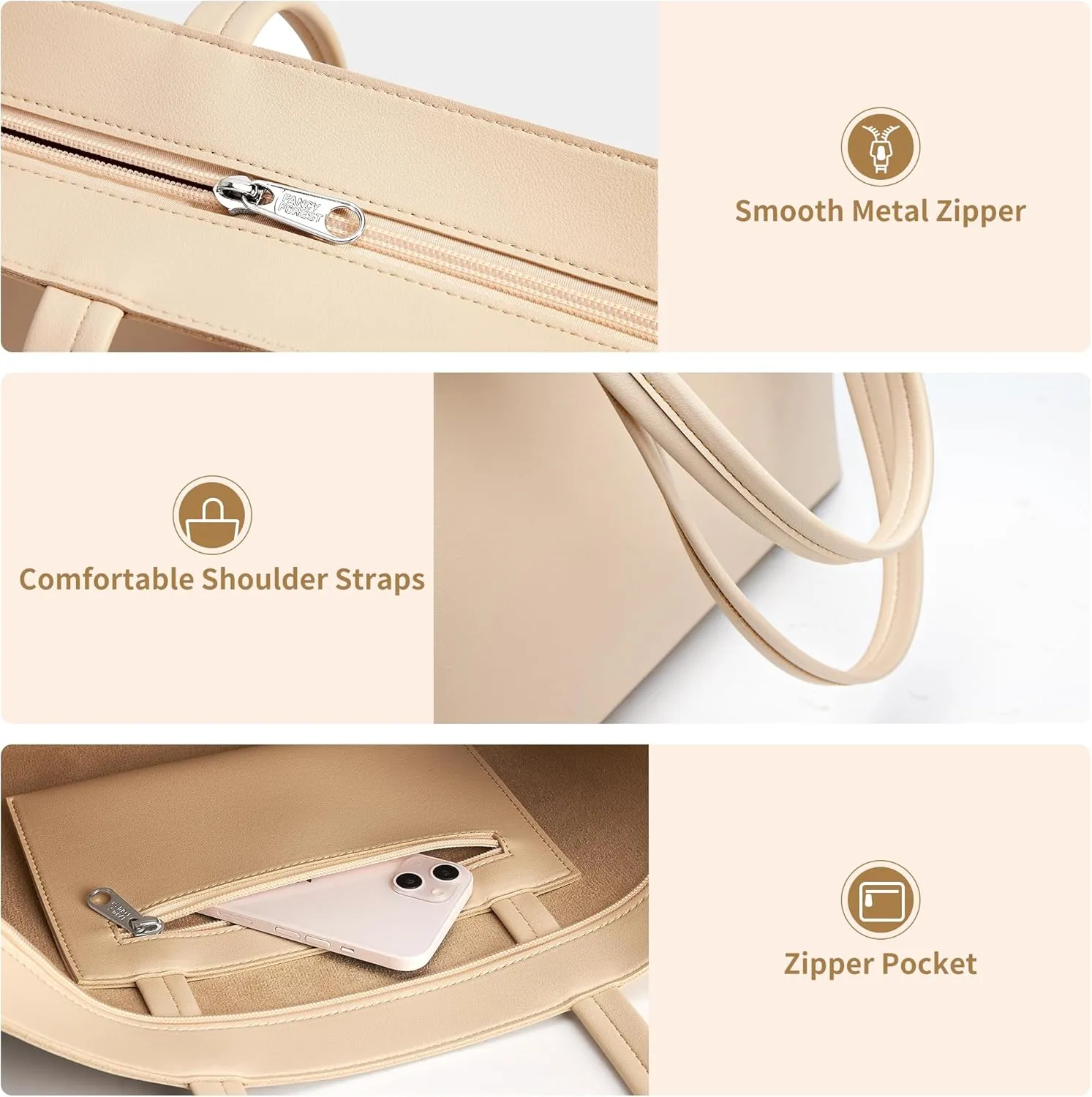 KALIDI Tote Bag Zipper Shoulder Bag Faux Leather Purses Satchel for Women Large Casual Handbag Work Dating College