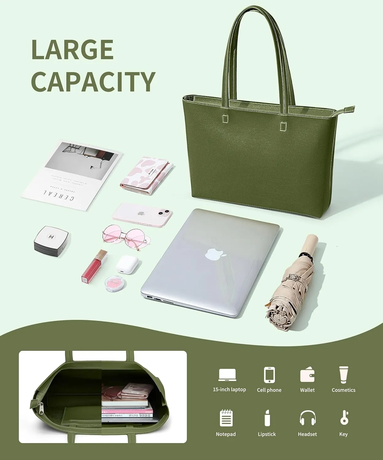 KALIDI Tote Bag Zipper Shoulder Bag Faux Leather Purses Satchel for Women Large Casual Handbag Work Dating College