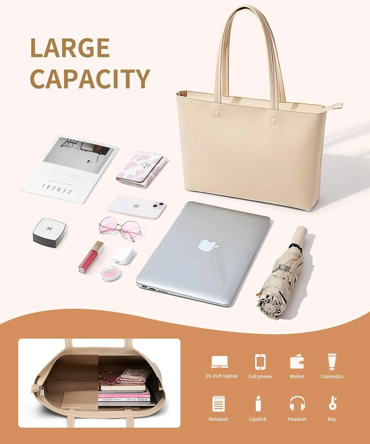 KALIDI Tote Bag Zipper Shoulder Bag Faux Leather Purses Satchel for Women Large Casual Handbag Work Dating College
