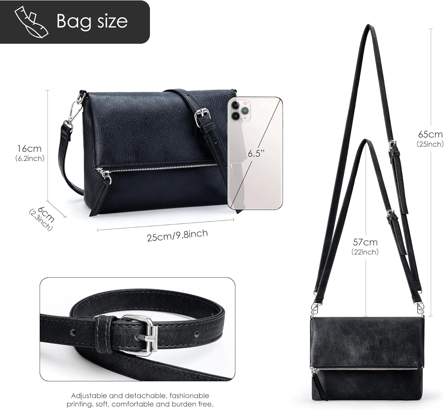 KALIDI Vintage Vegan Leather Crossbody Bag PU Shoulder Bag Handbag Multiple Pockets Adjustable Removable Strap Women