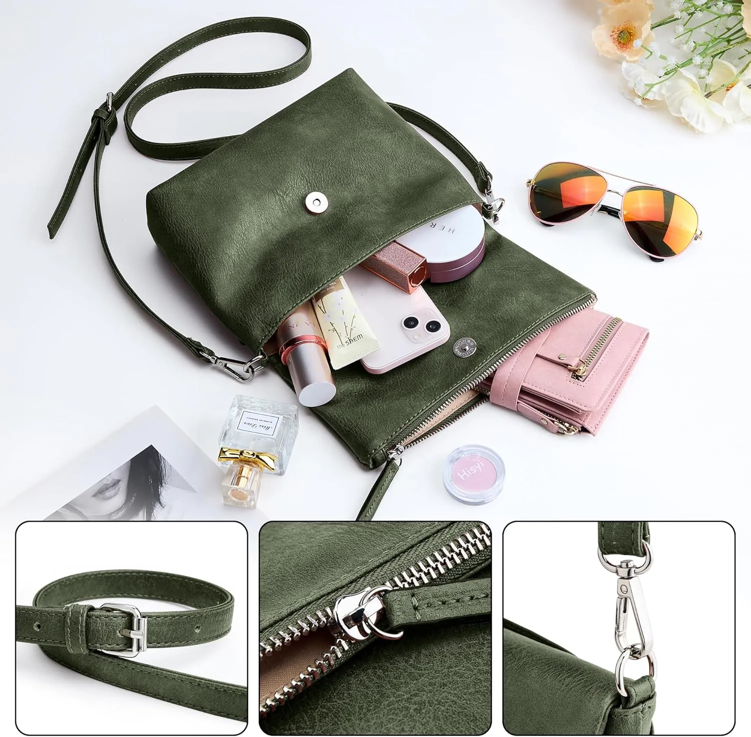 KALIDI Vintage Vegan Leather Crossbody Bag PU Shoulder Bag Handbag Multiple Pockets Adjustable Removable Strap Women