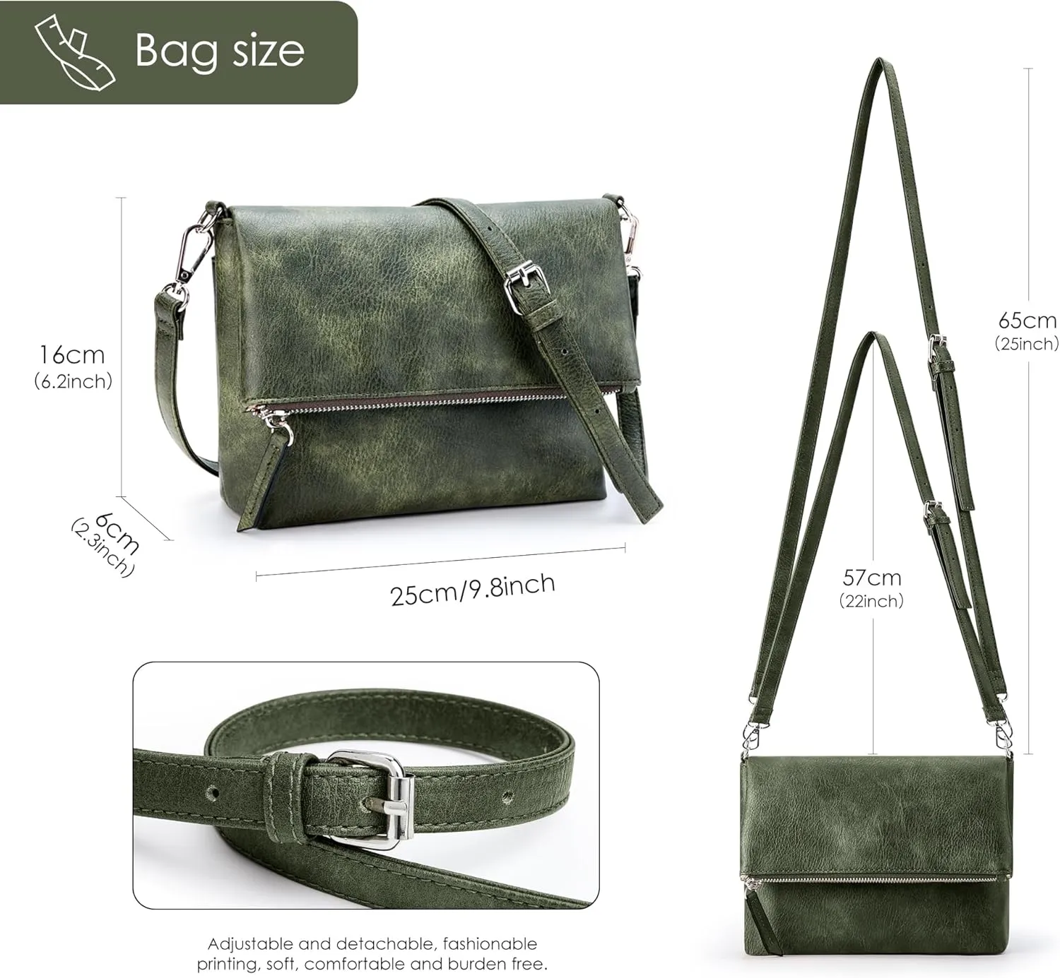 KALIDI Vintage Vegan Leather Crossbody Bag PU Shoulder Bag Handbag Multiple Pockets Adjustable Removable Strap Women