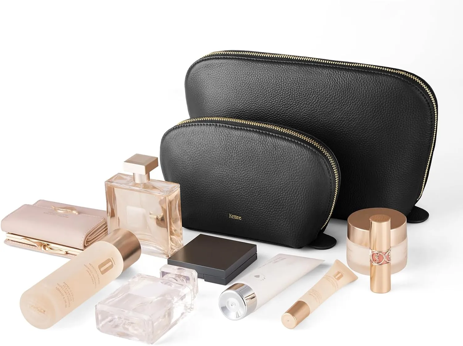Kattee Leather Makeup Bag, Travel Cosmetic Bag Set, Toiletry Bag Organizer for Women, 1-PACK, Large, Black