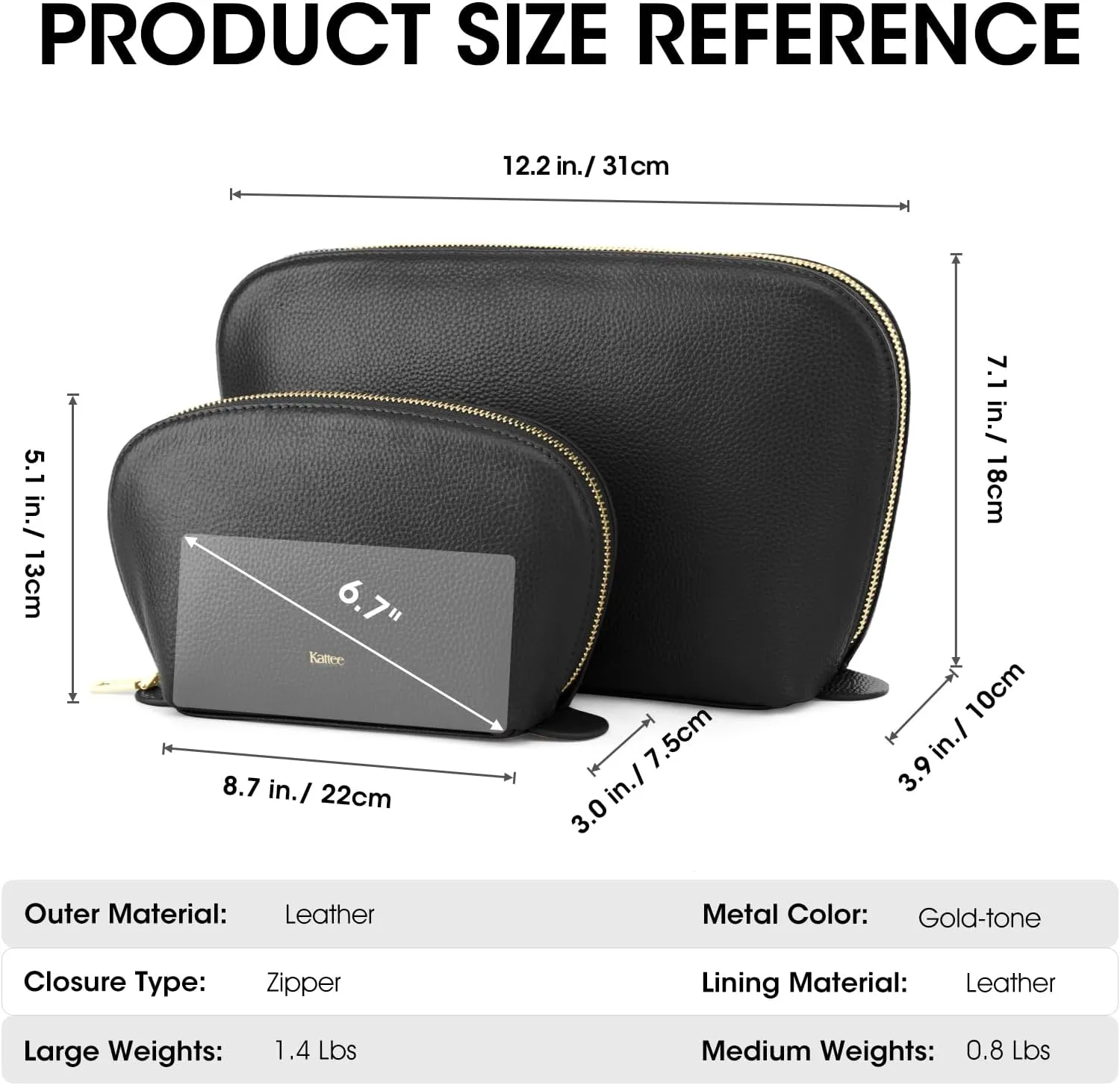 Kattee Leather Makeup Bag, Travel Cosmetic Bag Set, Toiletry Bag Organizer for Women, 1-PACK, Large, Black