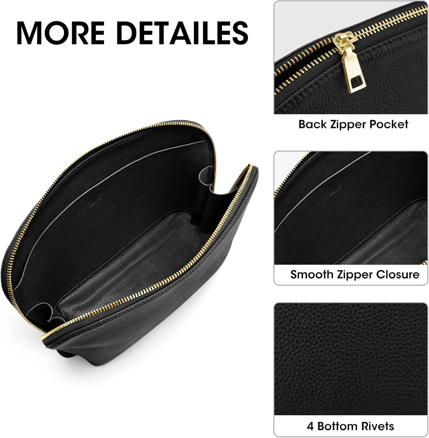 Kattee Leather Makeup Bag, Travel Cosmetic Bag Set, Toiletry Bag Organizer for Women, 1-PACK, Large, Black
