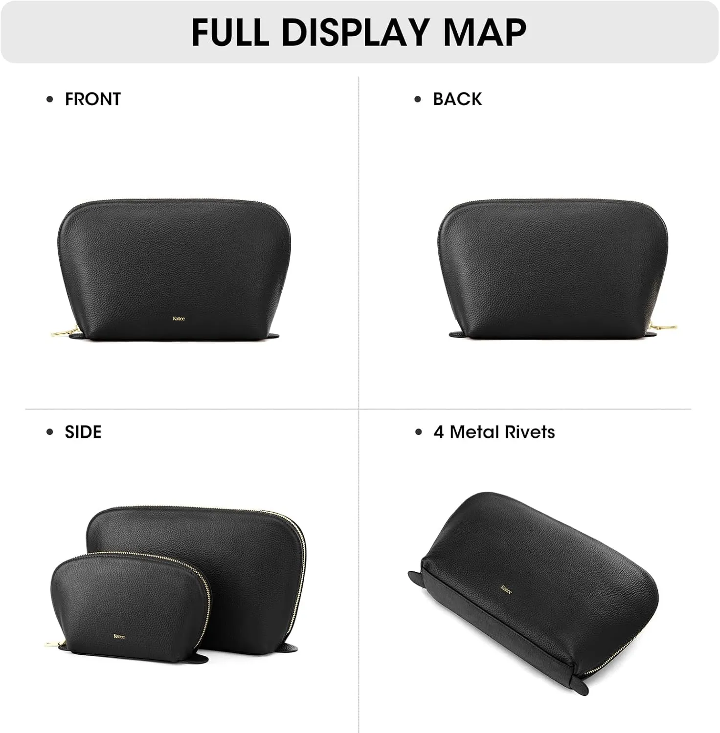 Kattee Leather Makeup Bag, Travel Cosmetic Bag Set, Toiletry Bag Organizer for Women, 1-PACK, Large, Black