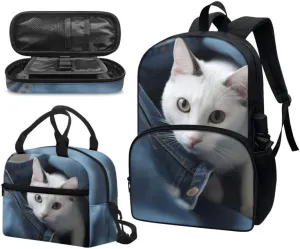 Kawaii Jeans Kitten 3-Pcs School Backpack,Cute Cat Kitty Daypack Set Durable Denim Pocket Animal Knapsack Waterproof Lunch Bag Pencil Bag Fits 12" Laptop Canvas Bag