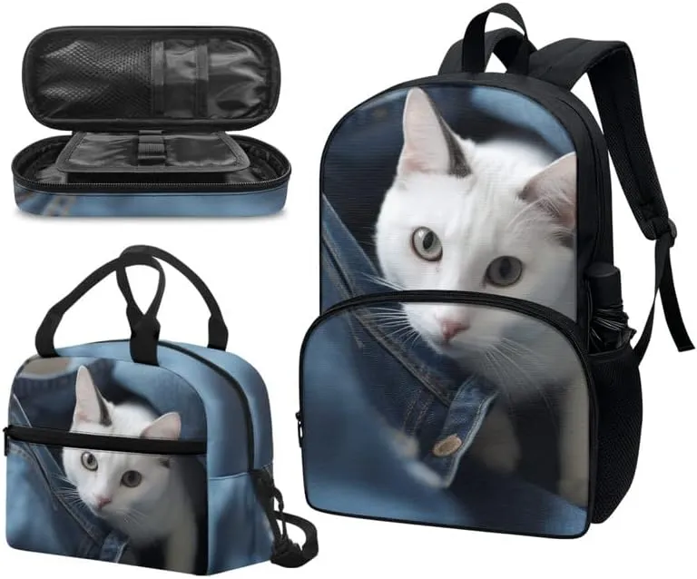 Kawaii Jeans Kitten 3-Pcs School Backpack,Cute Cat Kitty Daypack Set Durable Denim Pocket Animal Knapsack Waterproof Lunch Bag Pencil Bag Fits 12" Laptop Canvas Bag
